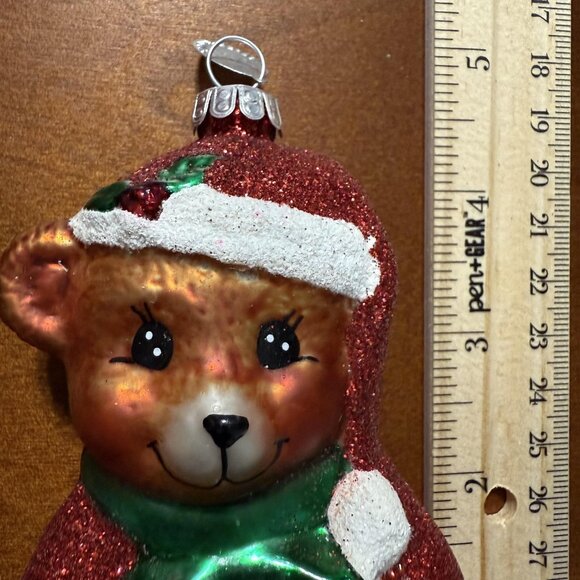 Christopher Radko Teddy Bear Christmas Ornament Retro Glass Red Green Glitter - Picture 4 of 6